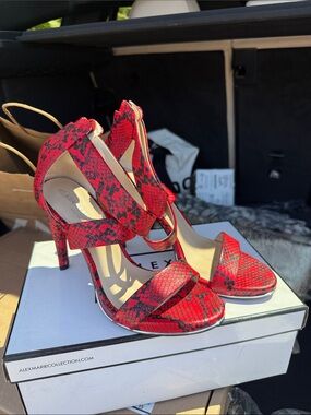 Kenneth Cole Red Snake-Print Strappy Stiletto Heels